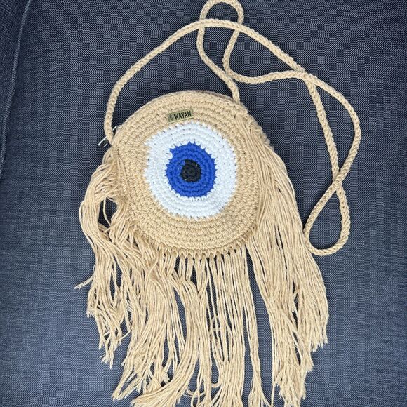 Wayan Natural Wear Round Crochet Evil Eye Shoulder Crossbody Bag Fringe Zip 7" - Picture 3 of 10